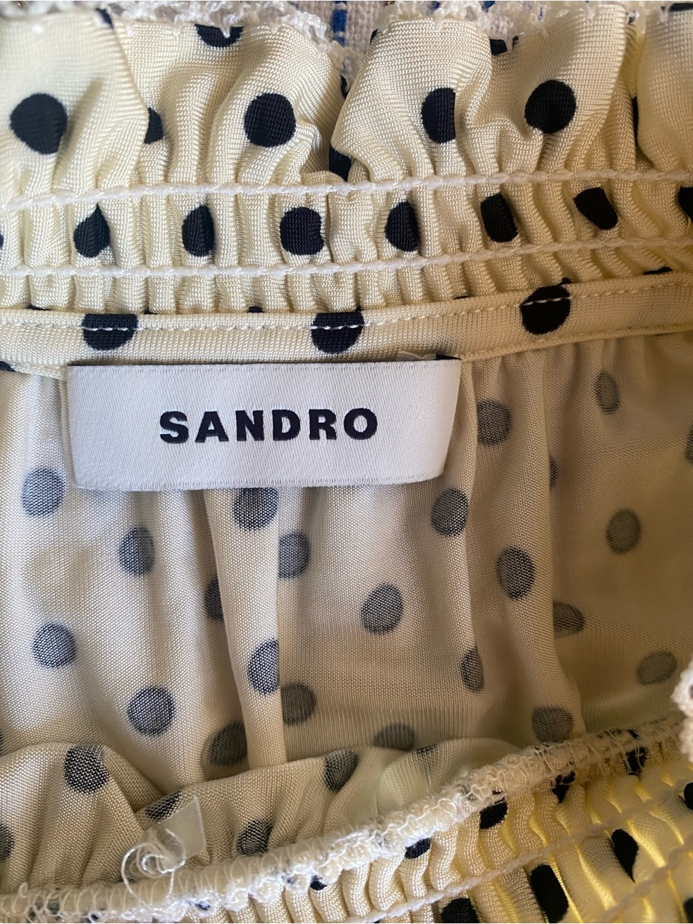 Sandro Racine smocked Polka Dot Beige Black Mock Neck Puff Sleeve Blouse size 4 - Picture 8 of 16